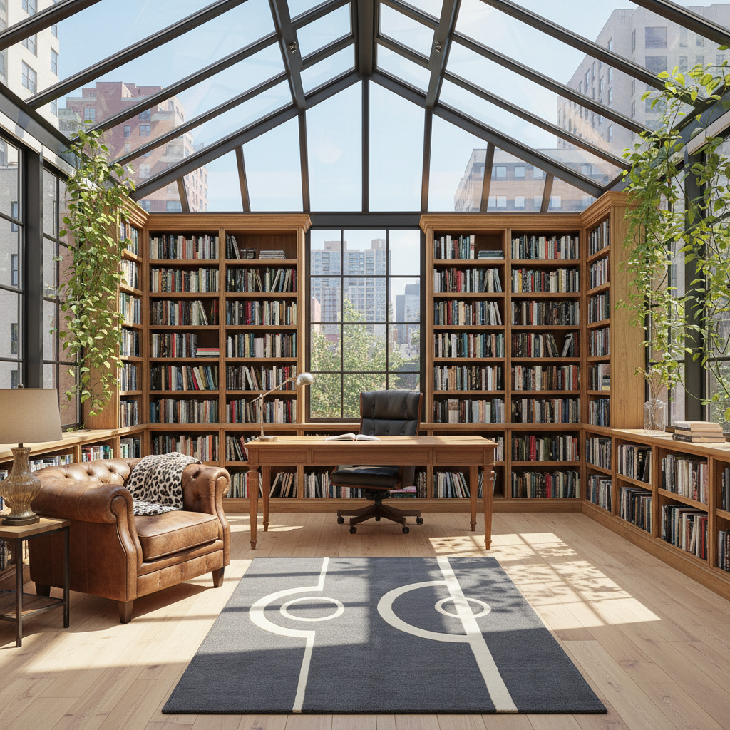 Modern home office with bookshelves, charcoal geometric rug, desk, and cityscape view