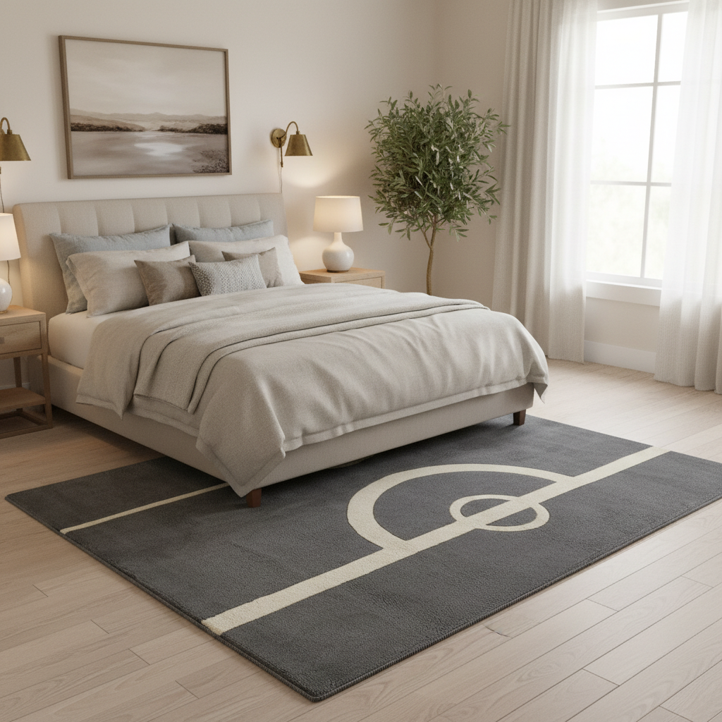 A modern bedroom scene featuring a dark gray area rug with a cream soccer-style ball graphic and center line, styled under a bed with neutral bedding. The room includes a beige upholstered bed, bedside tables with lamps, a wall-mounted lamp, a framed landscape print, a potted tree, and sheer curtains by a bright window.