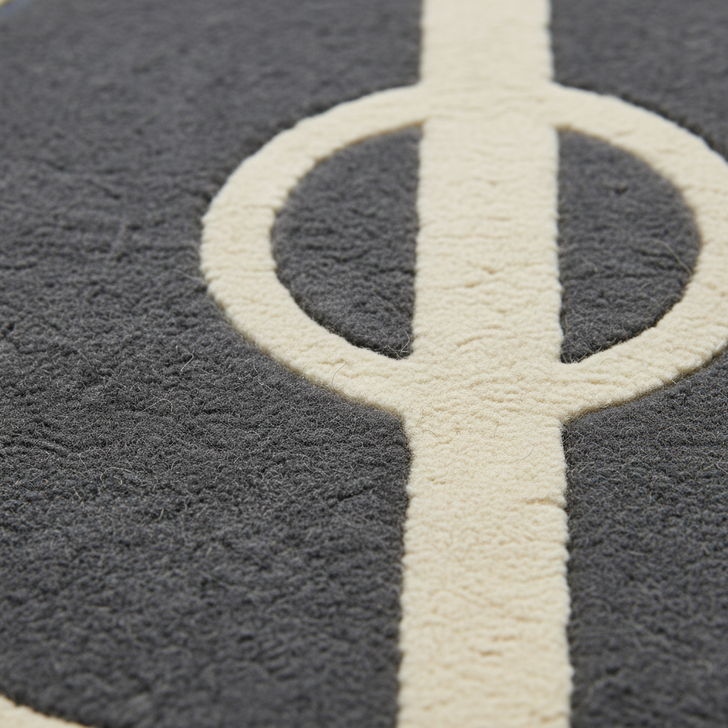 Close-up of a dark gray textured rug with a large cream-colored circular and vertical geometric pattern.