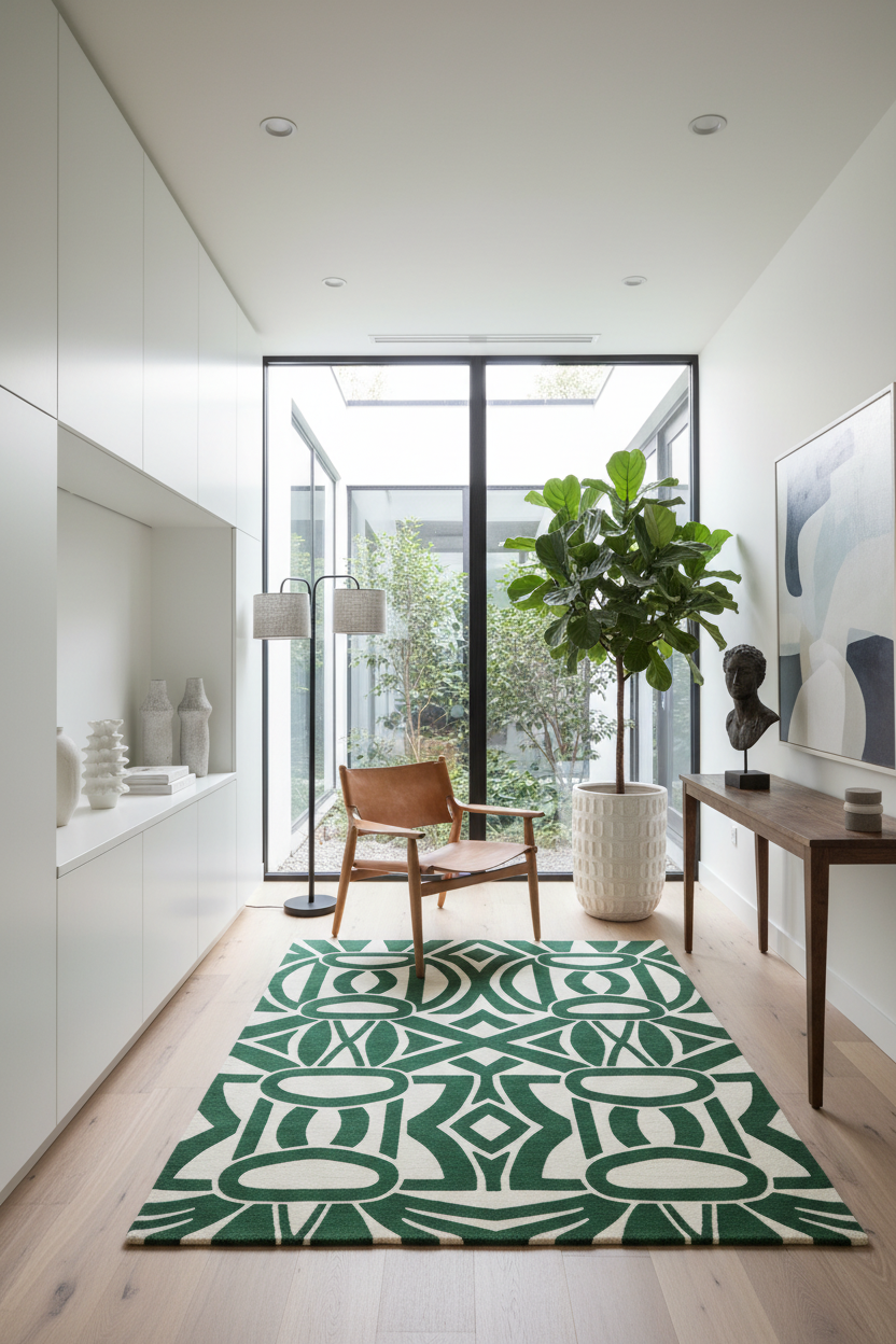 A modern living room scene featuring a prominent green and cream geometric patterned area rug on light wood flooring. The room is styled with a brown leather armchair, a large potted fiddle-leaf fig, a dark wood console table, and white cabinetry along the left wall.