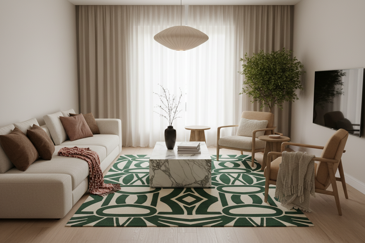 Living room with a patterned green rug, sofa, and decorative items.