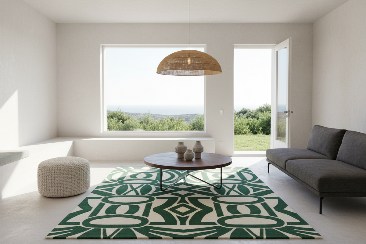 A modern living room featuring a prominent green and cream geometric patterned area rug under a round wooden coffee table. The room has white walls, a large window with a scenic view, and a dark gray sofa on the right.