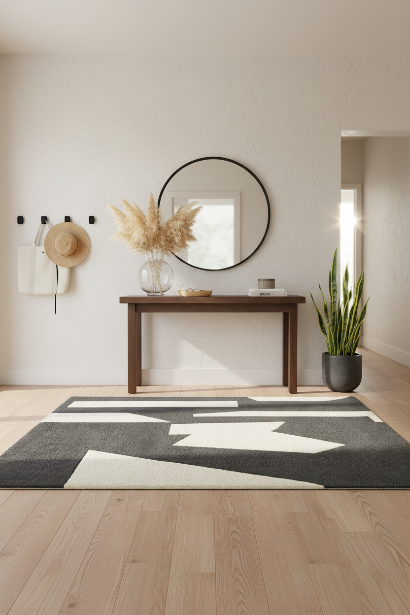 Modern interior with a contemporary rug, console table, and decorative items.