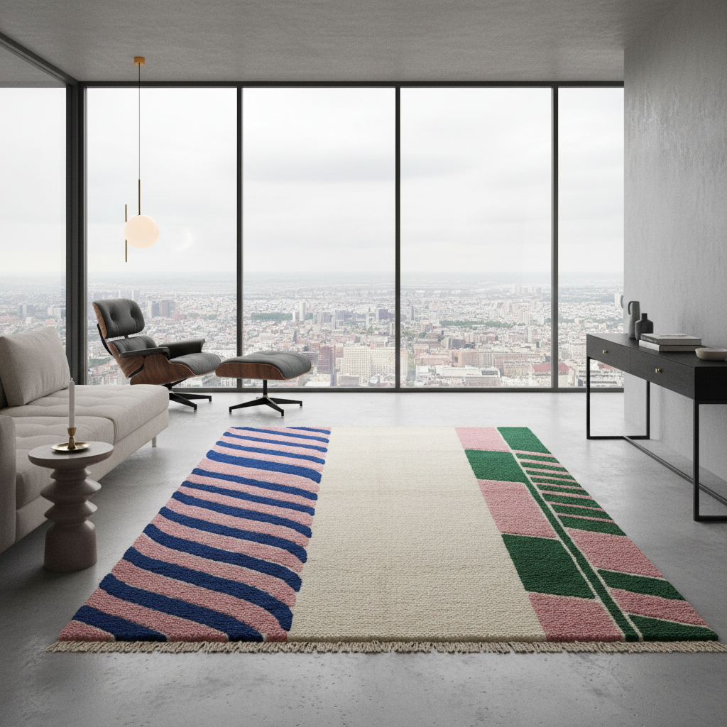 Modern living room with a colorful geometric rug, sofa, and cityscape view.