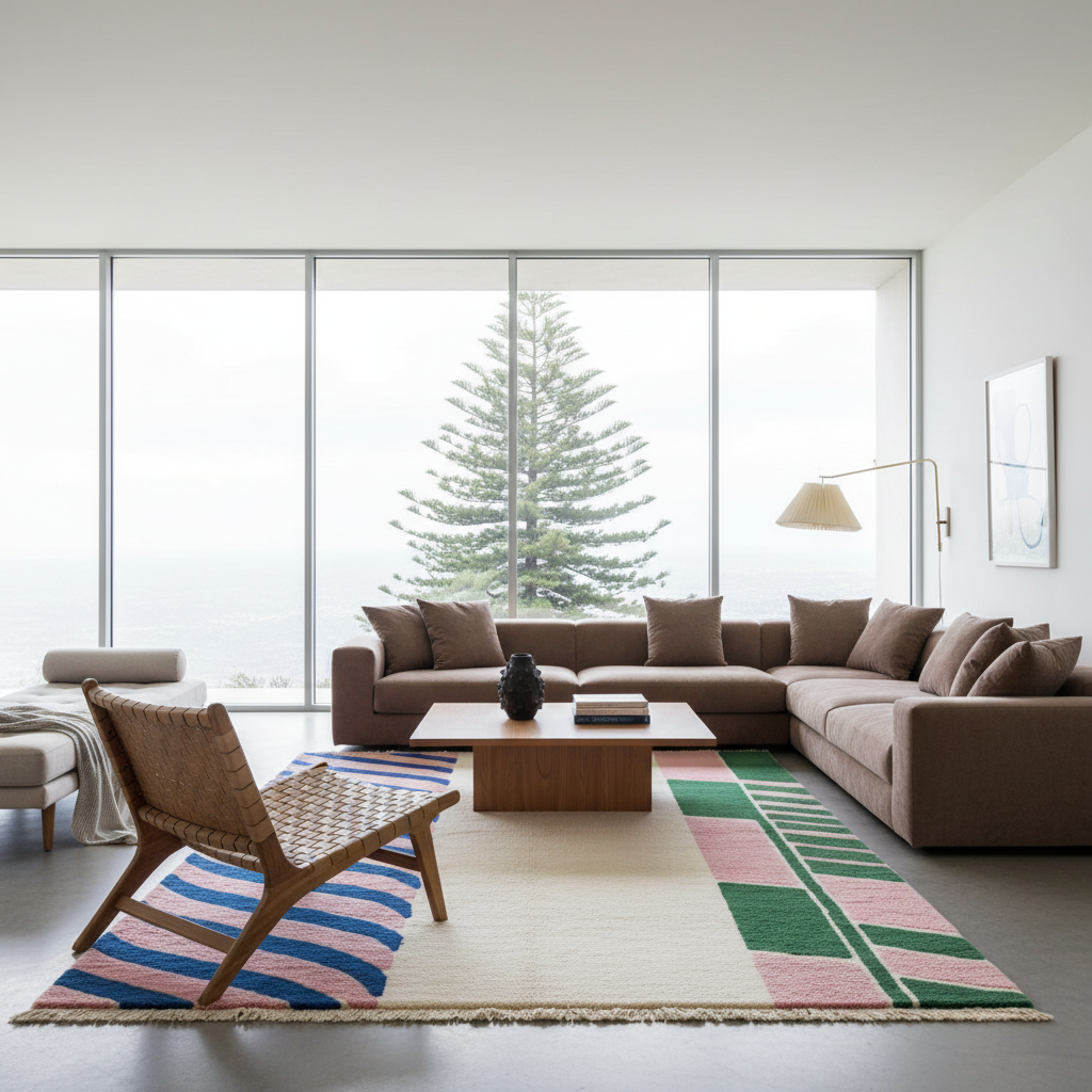 A modern living room with a large brown sectional sofa, a wooden coffee table, a woven accent chair on a striped rug, and a large area rug. Large floor-to-ceiling windows show a pine tree and overcast sky.