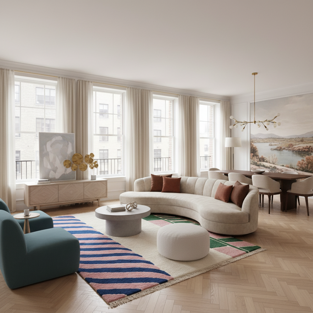 Modern living room with a curved sofa, colorful shaggy rug, coffee table, and decorative elements.