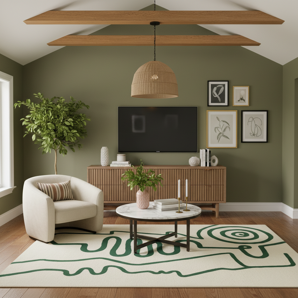 A styled living room interior featuring a cream armchair, a round marble-top coffee table, a large cream rug with dark green abstract line art, a wooden credenza, a black TV, framed wall art, and a wicker pendant light against an olive green wall.