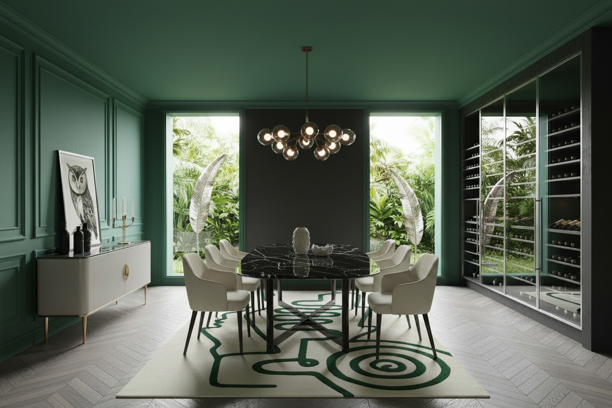 Modern dining room with green and beige contemporary rug, green walls, a chandelier, and a large window.