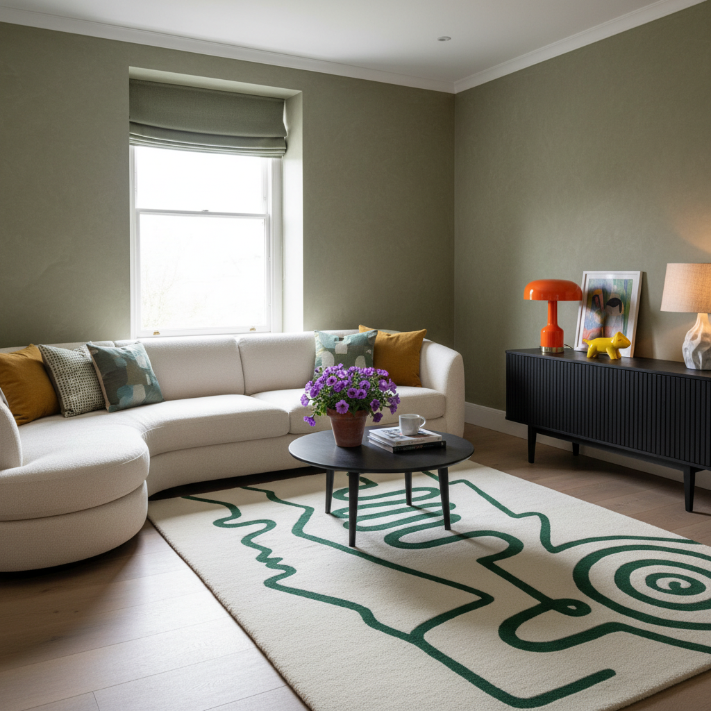 A modern living room featuring a curved cream sectional sofa with mustard and patterned accent pillows, a black round coffee table with a purple flower arrangement, a cream rug with a dark green abstract line pattern, and a dark ribbed sideboard cabinet.