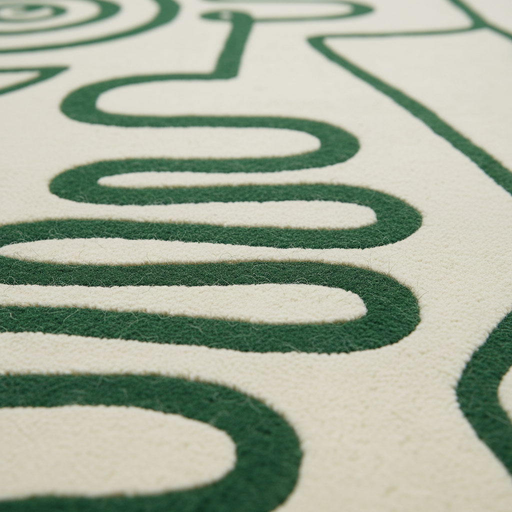 Close-up of a textured rug with a dark green abstract wavy pattern on an off-white background.