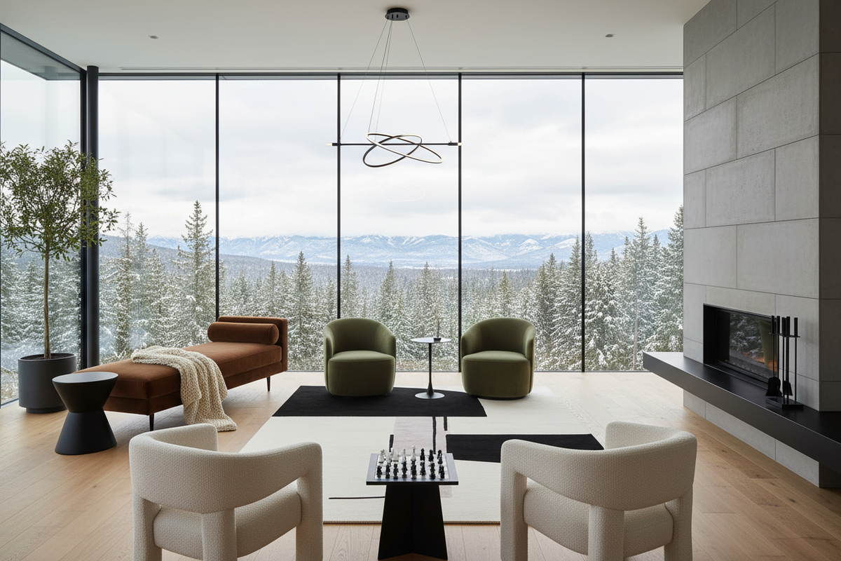 Modern living room with large black and white rug, windows, furniture, and a fireplace.