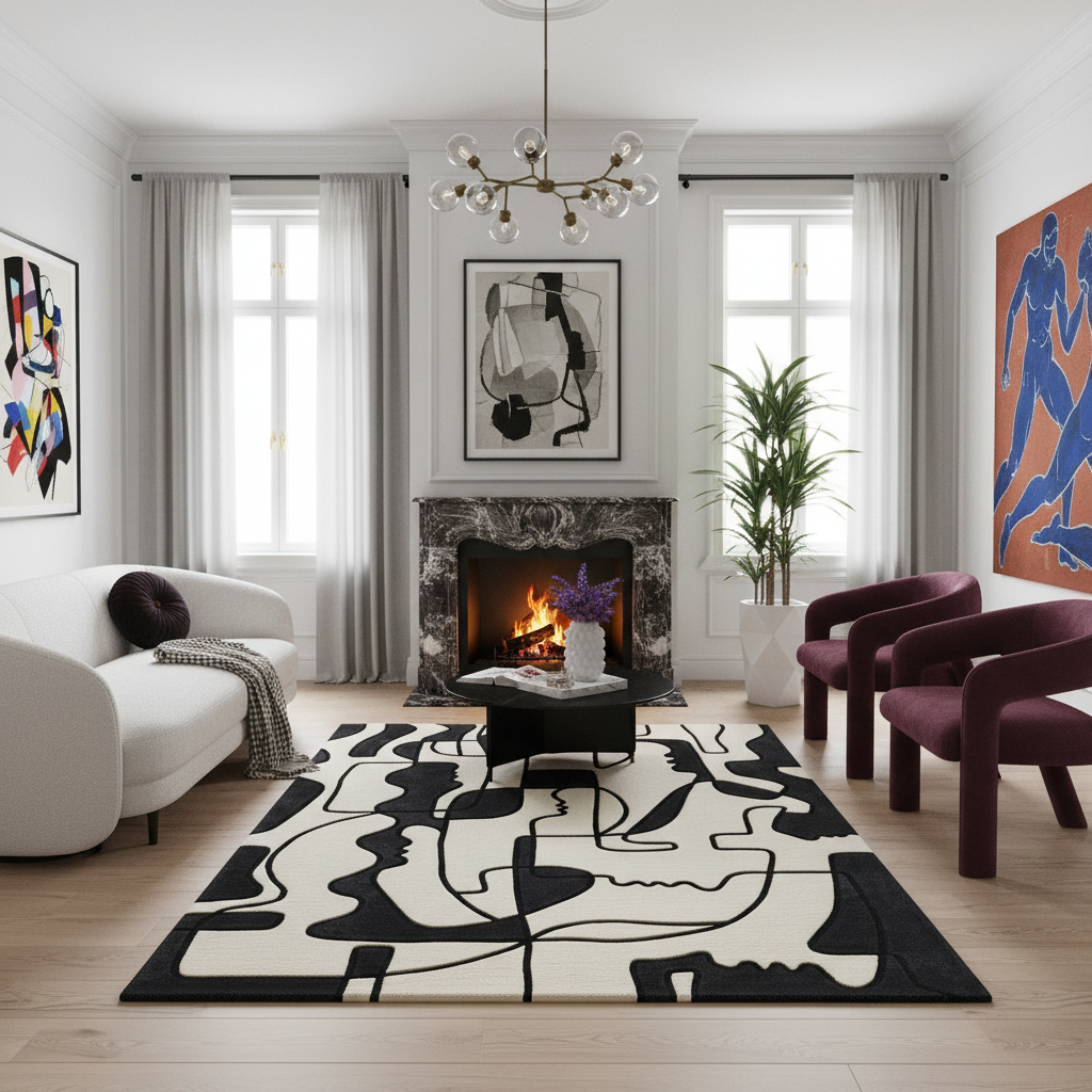 Modern living room with a black and white abstract rug, white sofa, and purple chairs.