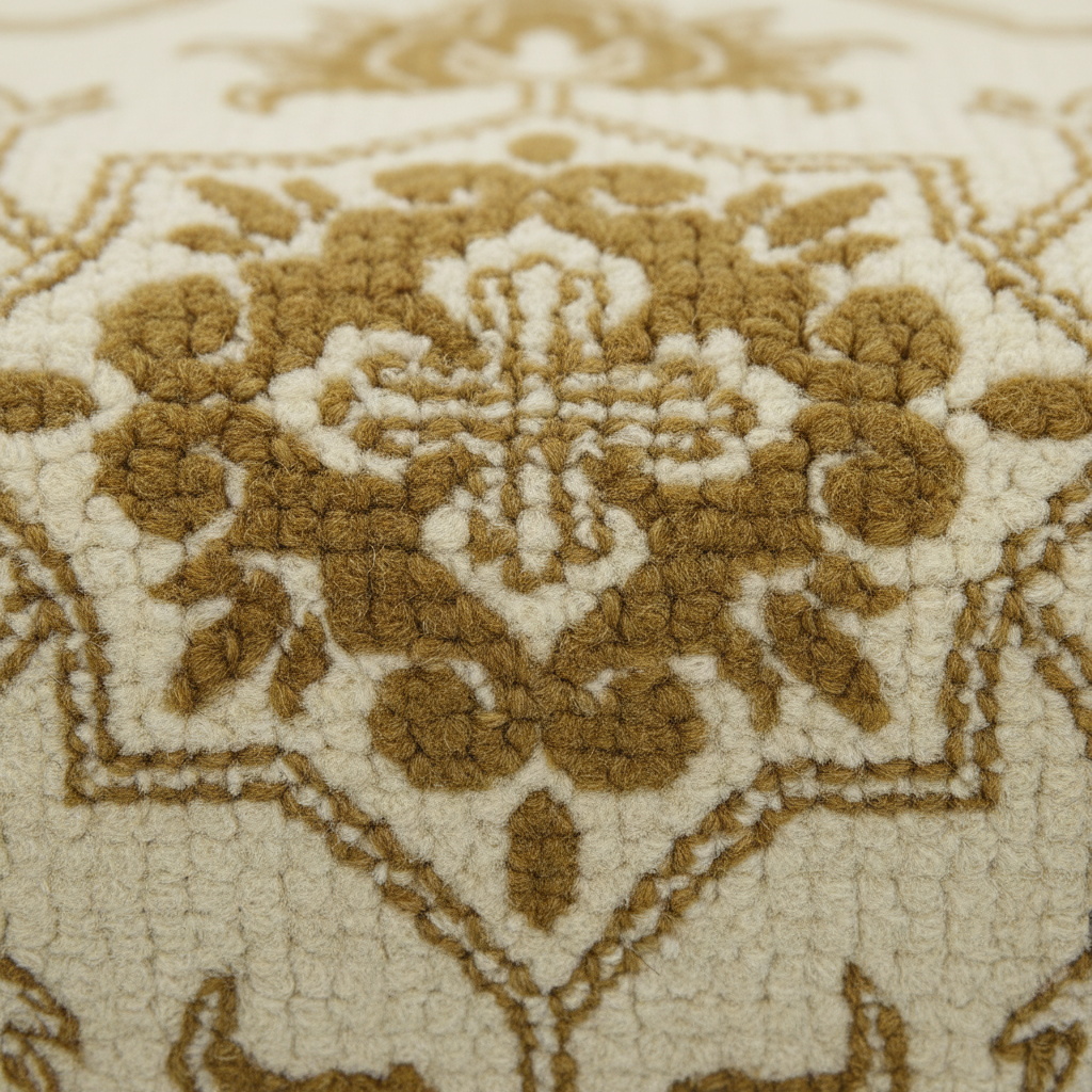 Close-up of a textured area rug with a traditional floral and geometric pattern in warm tan and cream.