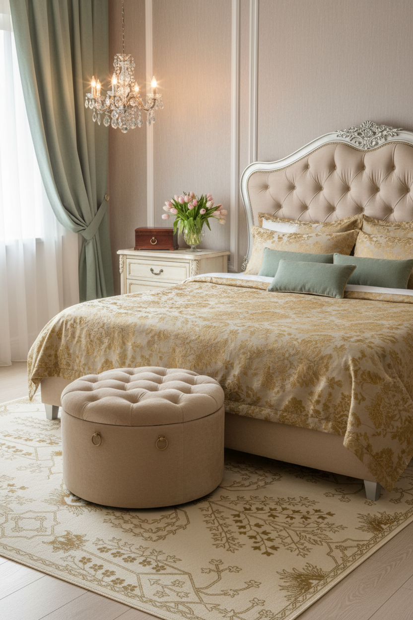 Luxurious bedroom with a tufted bed, persian rug, ottoman, and decorative elements.