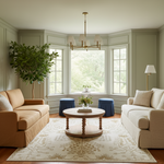 A beautifully styled living room featuring a beige slipcovered sofa on the left, a cream-colored sofa on the right, a round wooden coffee table in the center, a large patterned area rug, and a potted tree on the left side.