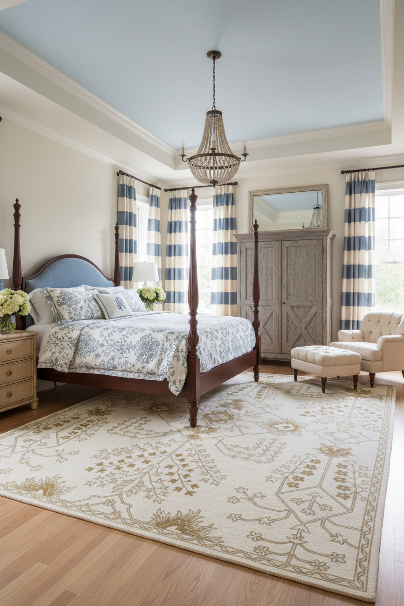 Neatly decorated bedroom with striped curtains, persian rug, a wooden bed, and a chandelier.