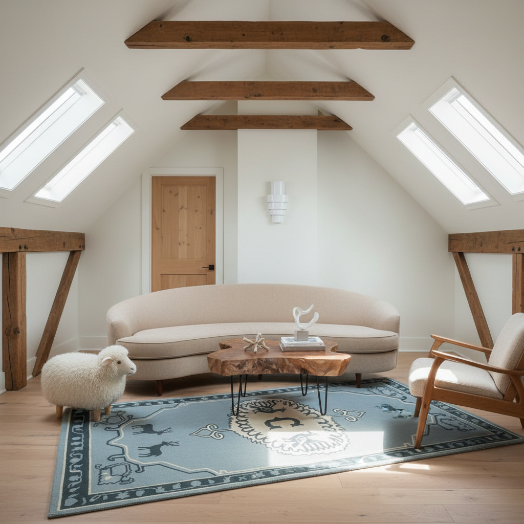 A styled living room in a loft with a cream curved sofa, a wooden coffee table, a blue patterned rug, a wooden chair, and a white sheep prop on a light wood floor.