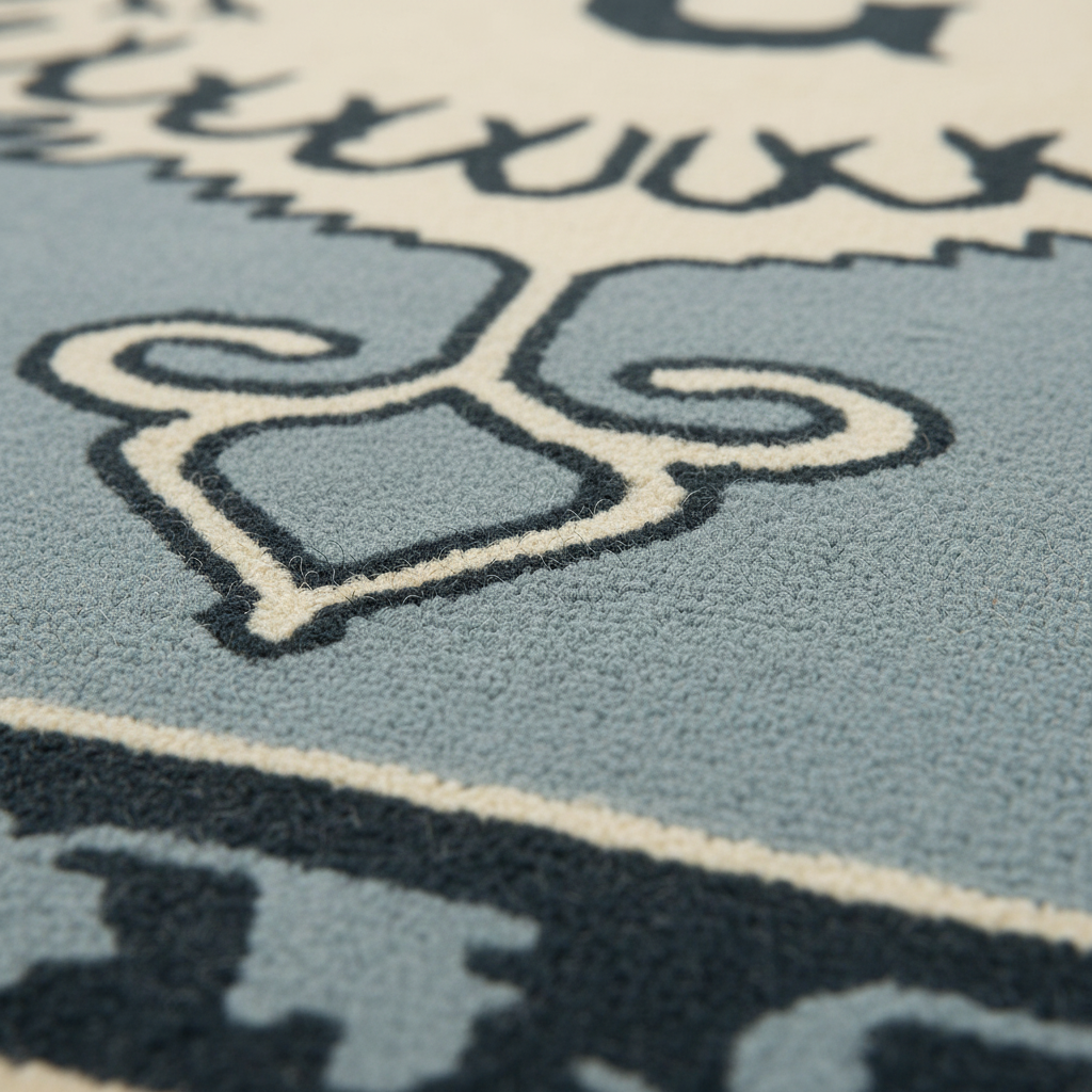 Close-up of a textured area rug with a light blue field, dark navy abstract border, and cream-colored stylized lettering and motifs.