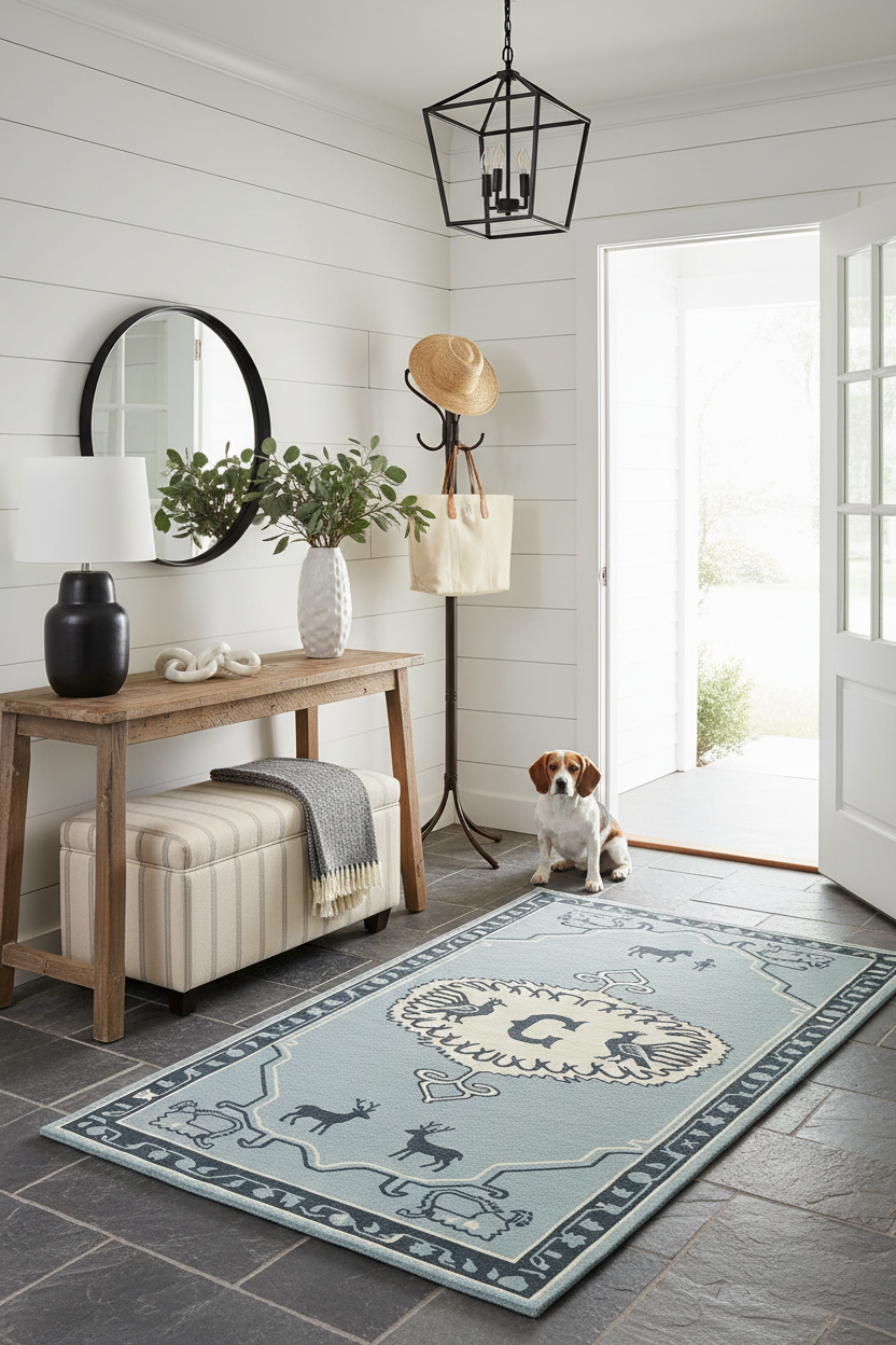 Nautical-themed rug with decorative elements in a home setting.