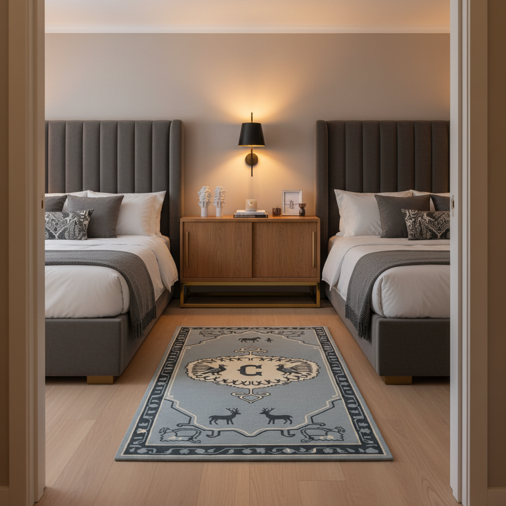 A rectangular area rug with a light blue-gray background and a central deer-themed crest, styled in a modern bedroom between two gray upholstered beds.