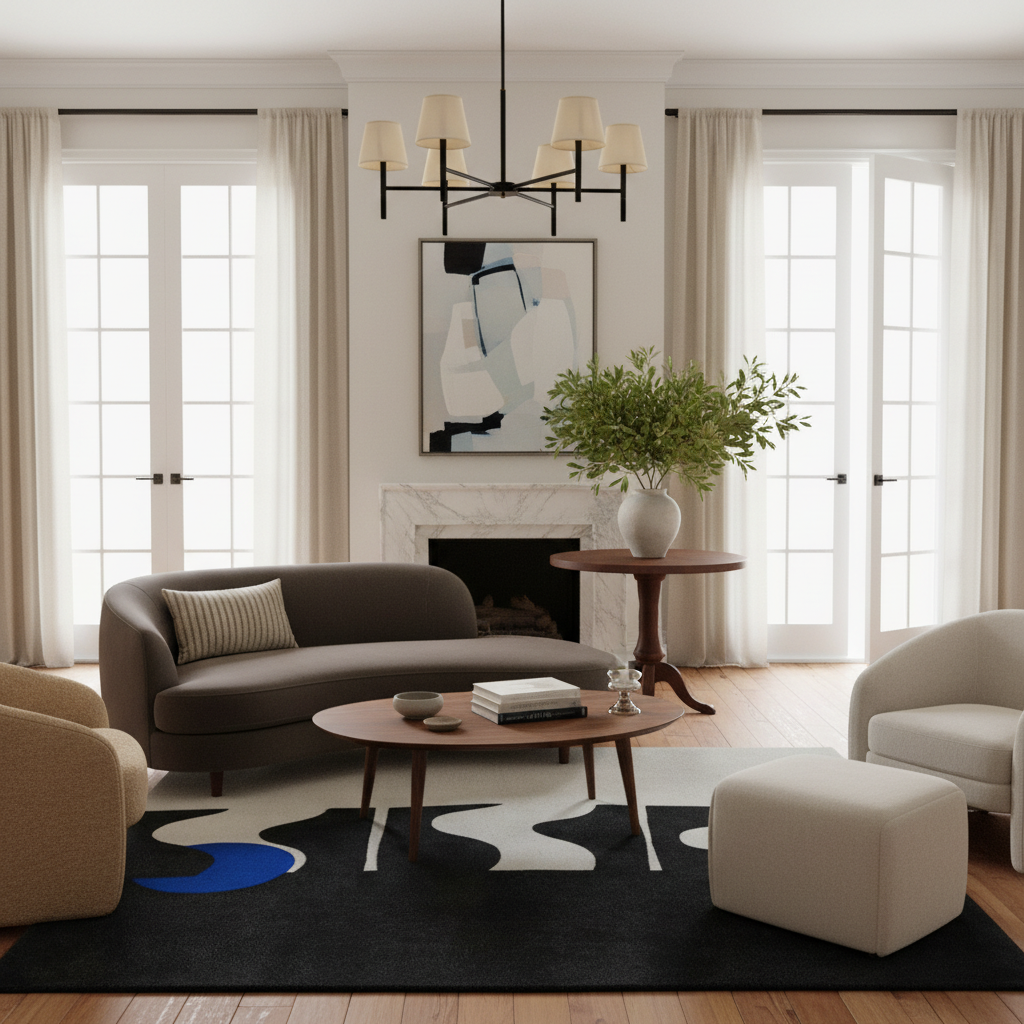 A styled modern living room featuring a dark brown curved sofa, a round wooden coffee table, a black and white abstract patterned rug, a white ottoman, and cream armchairs, set against large windows with beige curtains.