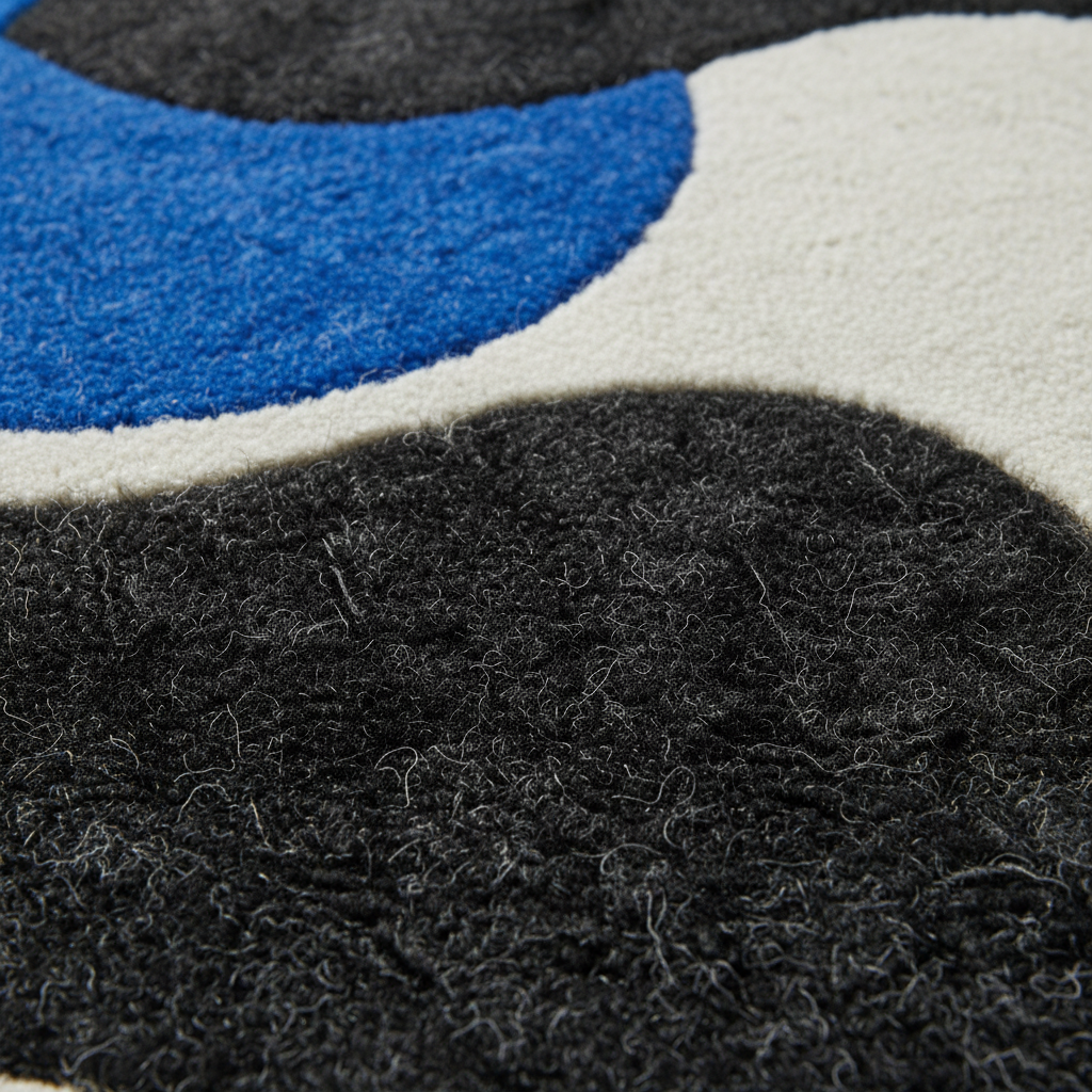 Close-up of a textured area rug with an abstract wavy pattern in black, blue, off-white, and gray.