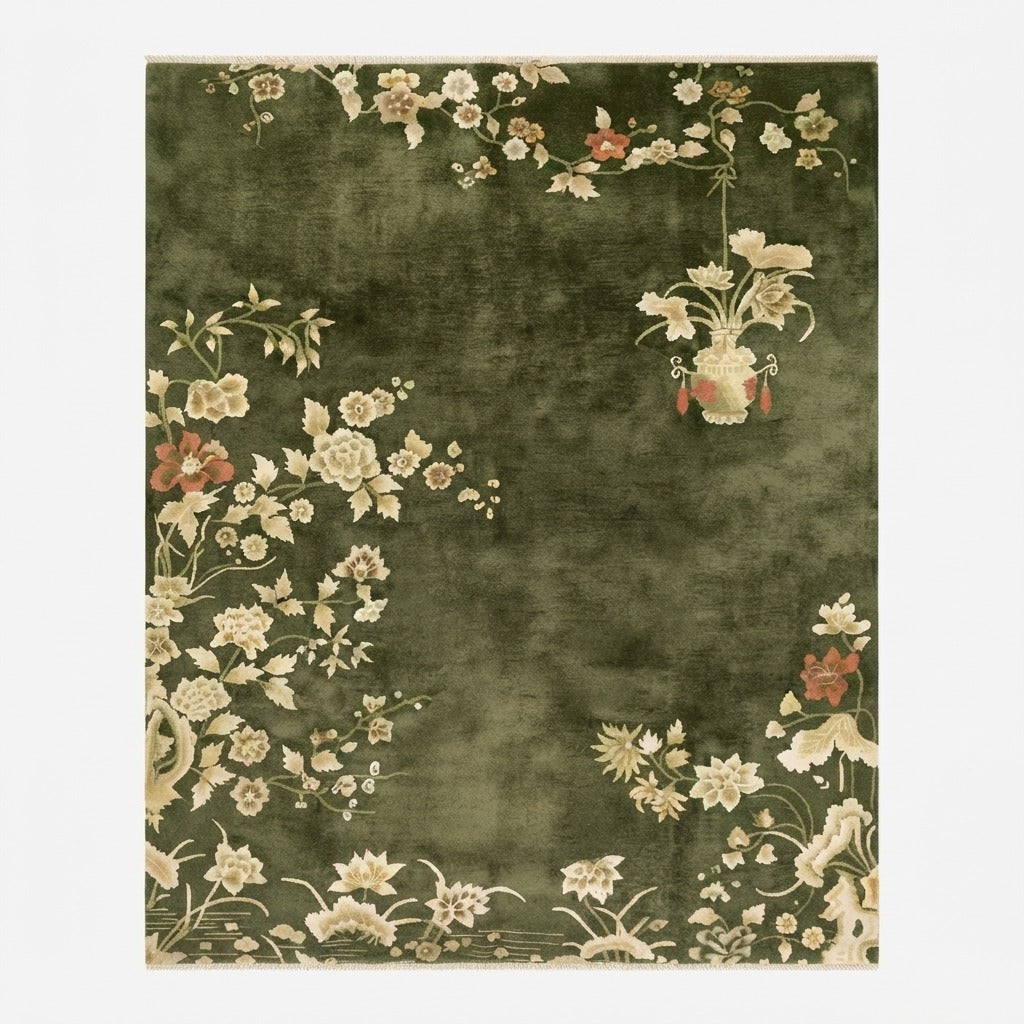 Moss Garden Cascade Hand Knotted Rug - studio photo
