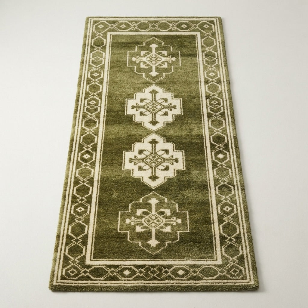 Moss Kazak Trio Hand Tufted Runner Rug - studio photo