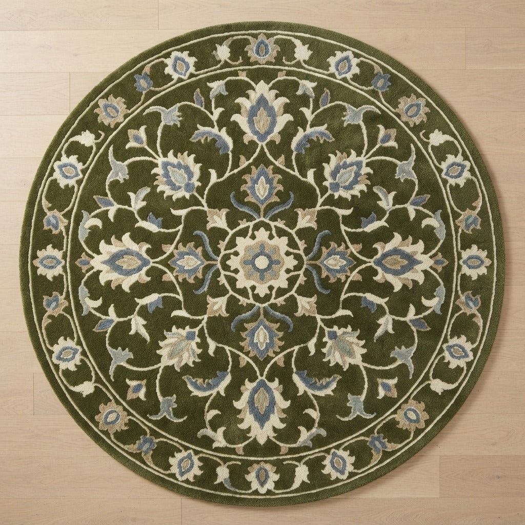 Moss Paisley Orbit Round Hand Tufted Wool Rug - studio photo