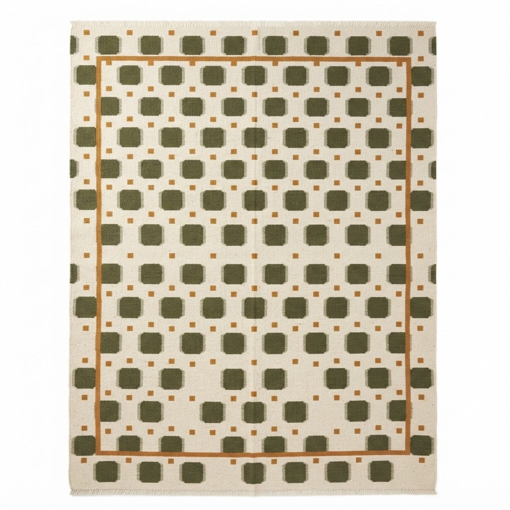 Moss Pebble Parade Flatweave Cotton Dhurrie Rug - studio photo