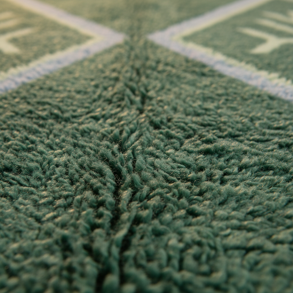 Close-up of a green shag rug with a textured, high-pile looped surface and white painted line details.
