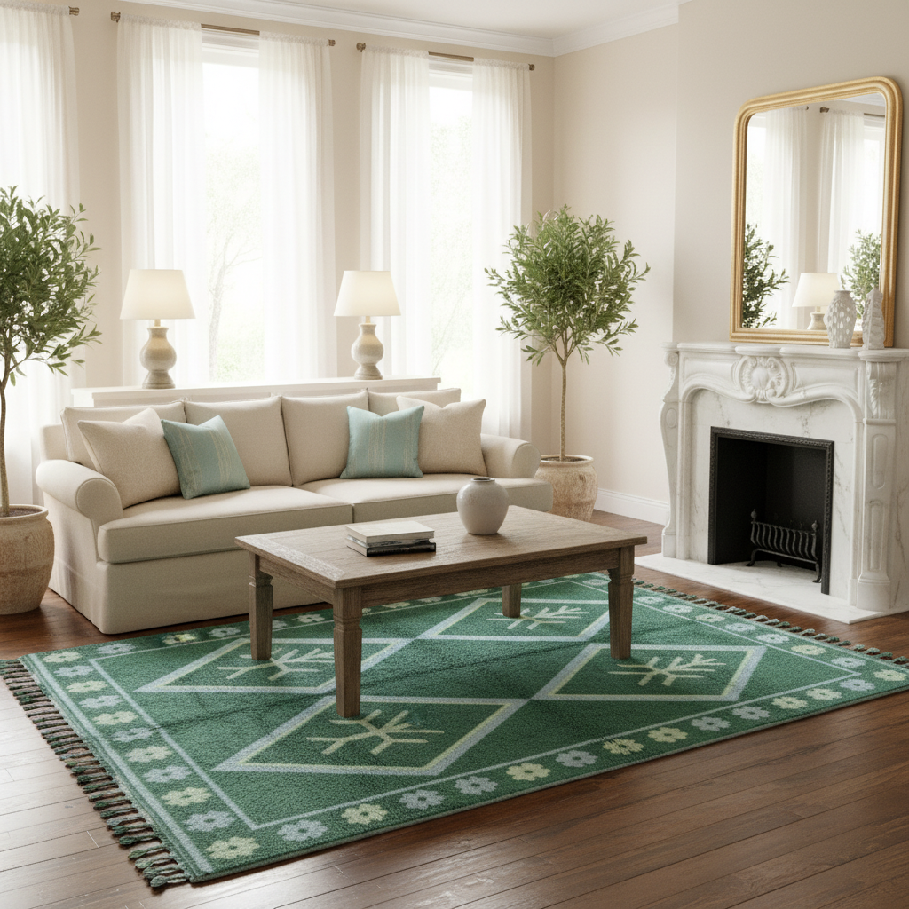 A green and white patterned area rug with fringe, styled in a bright living room with a beige sofa, wooden coffee table, and a white fireplace.