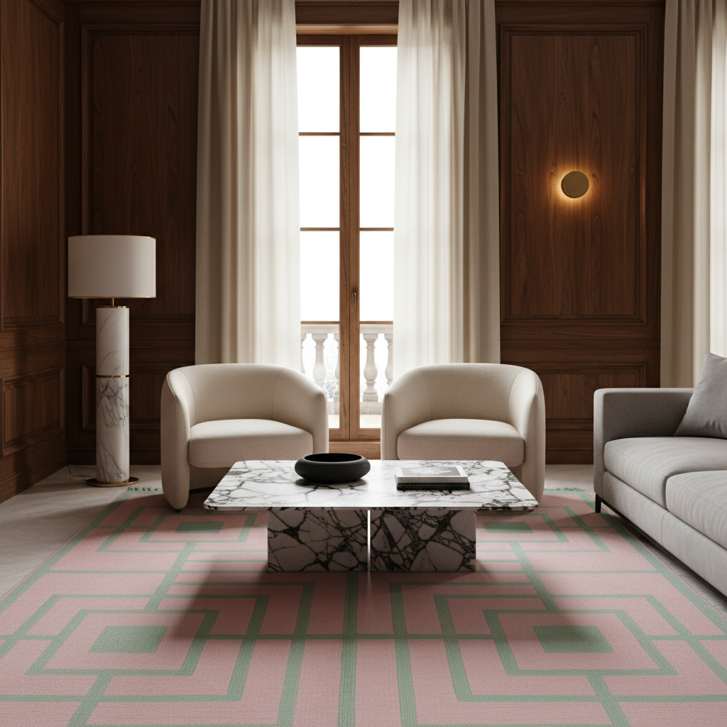 Moss Velvet Reverie rug with a pink and green linear pattern in a living room with a marble coffee table