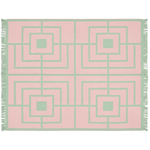 A square pink and mint green geometric patterned towel with fringed edges, shown flat against a white background.