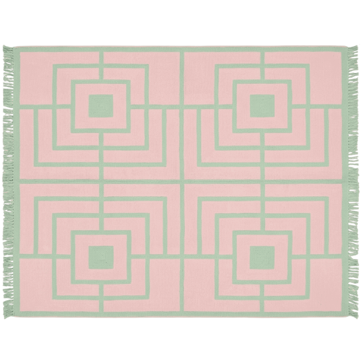 A square pink and mint green geometric patterned towel with fringed edges, shown flat against a white background.