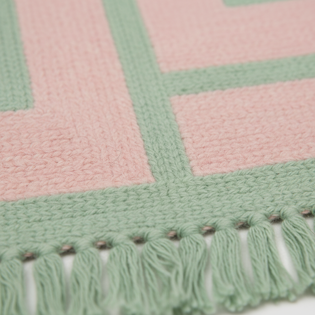 Close-up of the pink and sage green stripes and fringe on the Moss Velvet Reverie rug