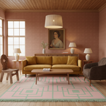 A styled mid-century modern living room featuring a mustard yellow sofa, a pink and mint geometric rug, a brown armchair, and a pink patterned wall with a framed portrait.