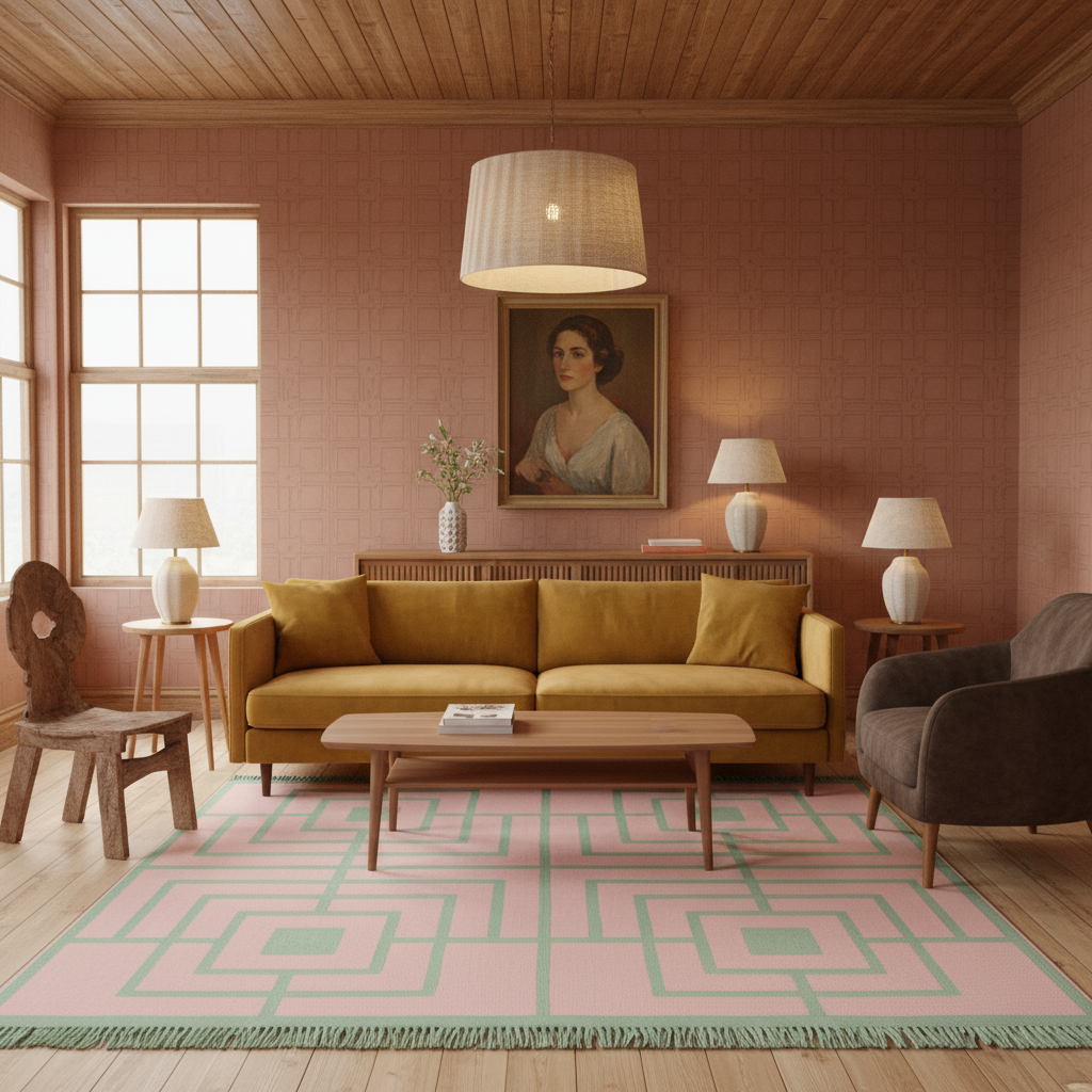 A styled mid-century modern living room featuring a mustard yellow sofa, a pink and mint geometric rug, a brown armchair, and a pink patterned wall with a framed portrait.