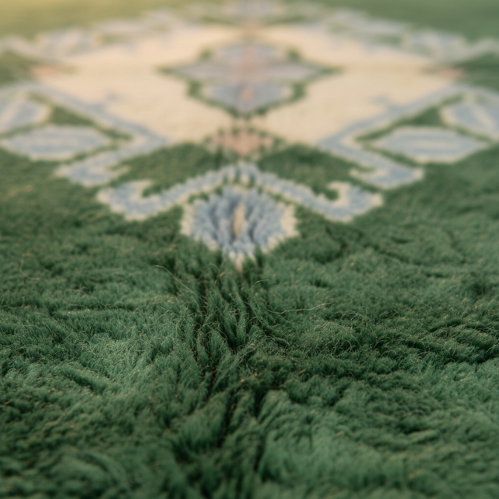 Close-up of a plush green rug with a textured shag pile and a blurred traditional pattern in cream, light blue, and beige in the background.