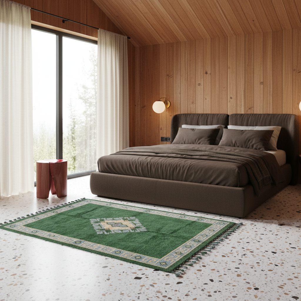 A green patterned area rug with fringe is styled on a terrazzo floor in a modern, wood-paneled bedroom with a bed and large windows.