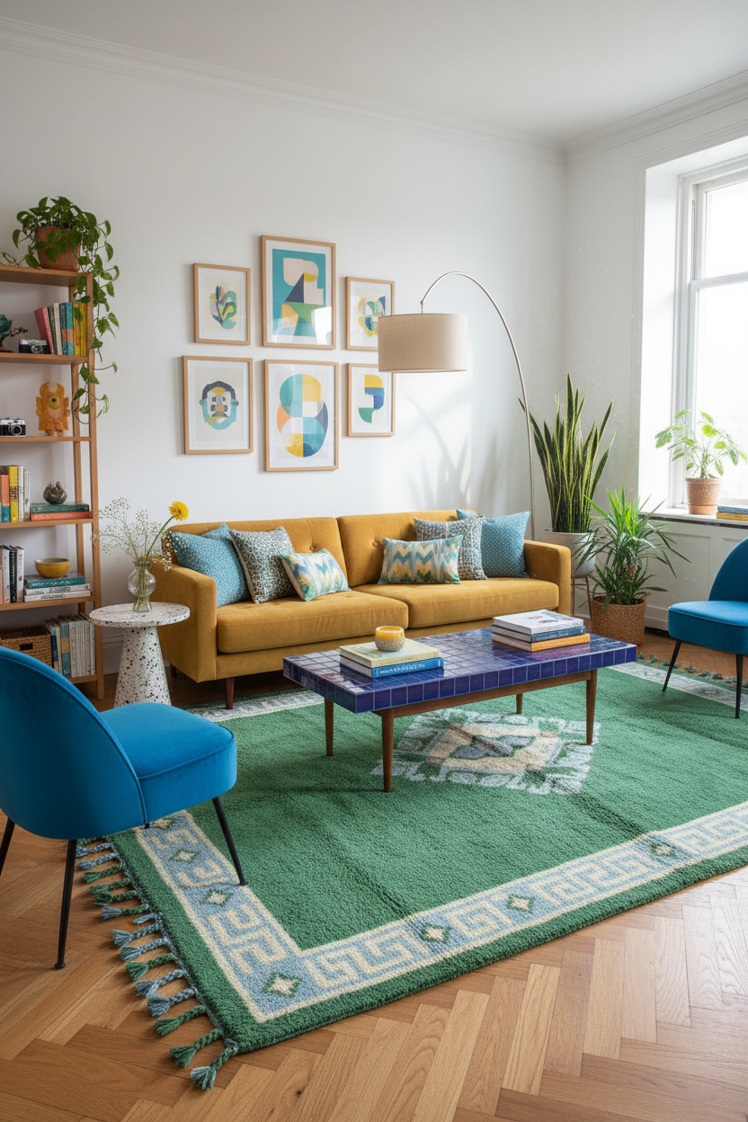 Living room with yellow sofa, blue chairs, and a green rug.