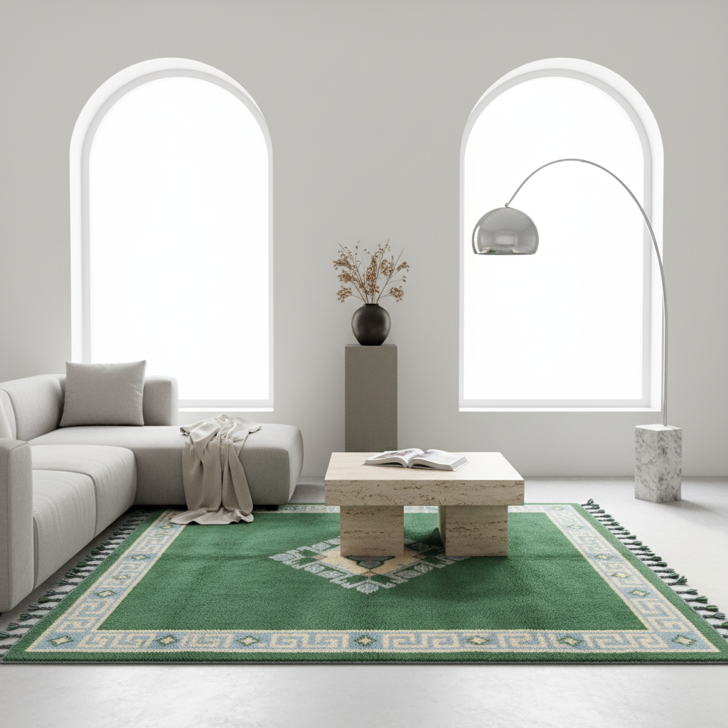 A green area rug with a geometric border and fringe, styled in a bright, modern living room with a light gray sectional sofa, a low stone coffee table, and arched windows.