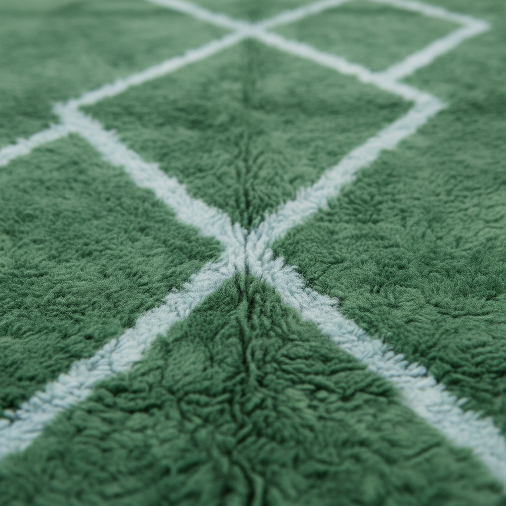 Close-up of a green plush rug with a white geometric diamond pattern.