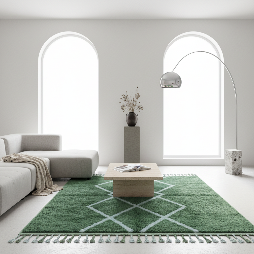 A green area rug with a white geometric diamond pattern and fringe, styled in a bright, modern living room with a light gray sectional sofa, a wooden coffee table, and a tall floor lamp.