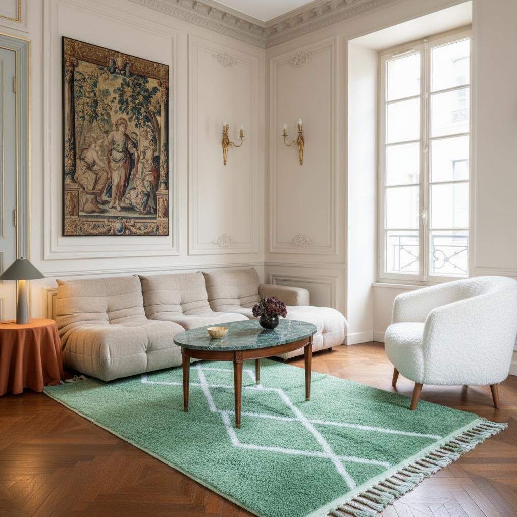 A styled living room interior featuring a light beige sectional sofa, a white armchair, a green geometric area rug, a round marble-top coffee table, and a large classical tapestry on an ornate cream wall.