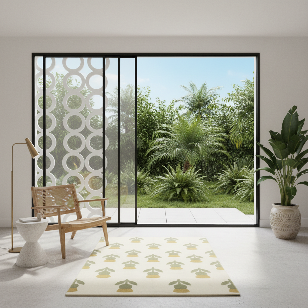 A rectangular cream rug with a repeating green potted plant pattern is styled in a modern minimalist room with a large glass sliding door overlooking a lush green garden.