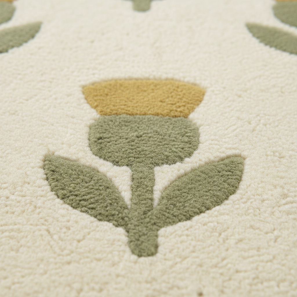 Close-up of a textured cream rug featuring a stylized flower motif in muted sage green and mustard yellow.