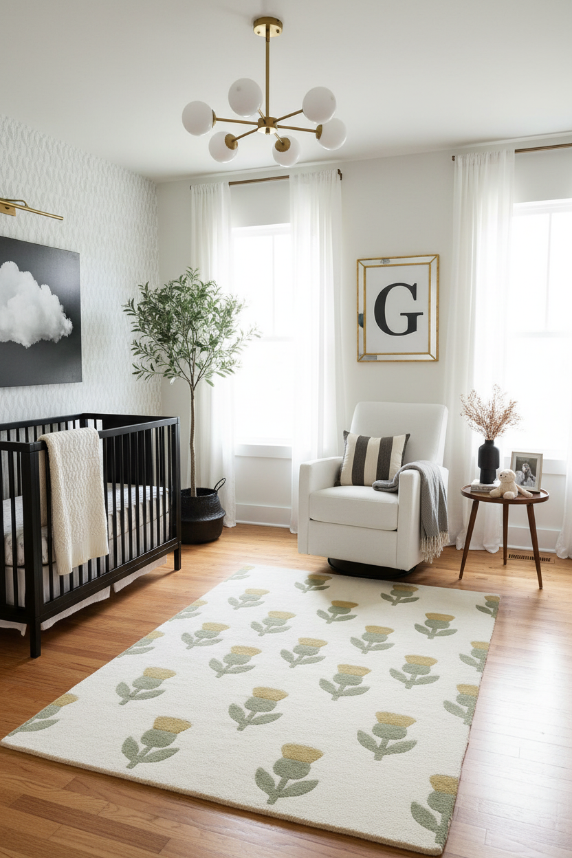 Nursery room with black crib, white armchair, and decorative floral rug.