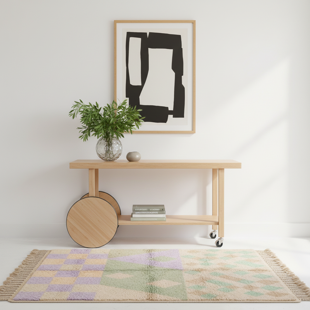 A light natural wood rolling console table with a lower shelf and caster wheels, styled in a bright room with a potted green plant, a small metallic sphere, and a framed abstract print on a white wall above. A multicolor patchwork area rug with fringe is spread on the floor in front of the table.