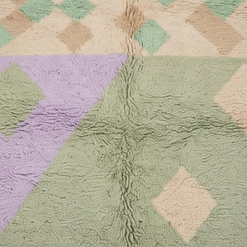 A close-up of a plush, textured rug featuring a pastel geometric diamond pattern in sage green, lavender purple, beige, and mint green.